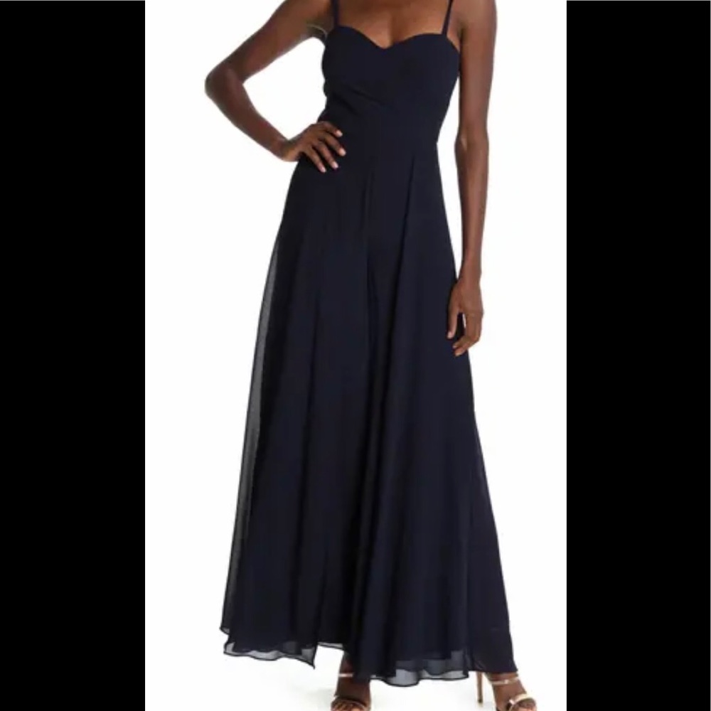 Navy blue formal Jumpsuit with chiffon overlay
